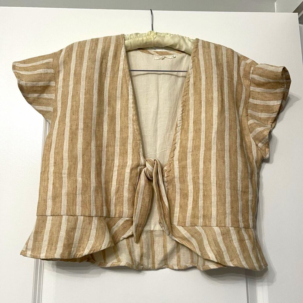 Tularosa Striped Linen Cotton Tie Front Ruffle Flutter Sleeve V-Neck Crop M boho